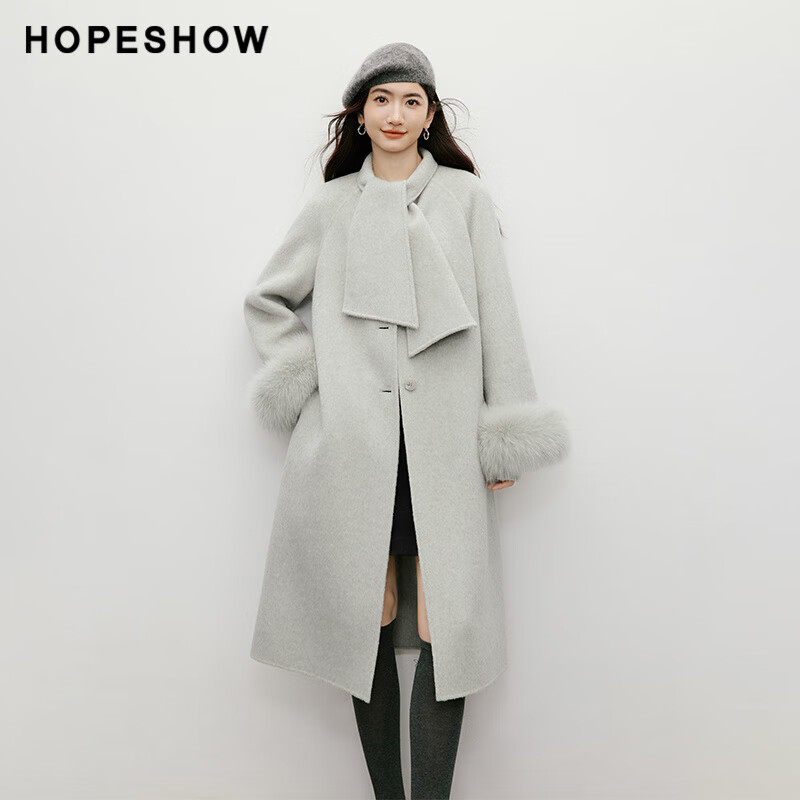 红袖（hopeshow）轻熟名媛绵羊毛呢外套2025冬季新款女装霓彩狐狸毛双面呢大衣 玉石绿3334 XS 150/76A/80-95斤