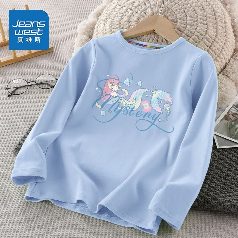 真维斯（JEANSWEST）真维斯女童长袖t恤春秋款2025新款秋季纯棉上衣儿童秋装打底衫女 天蓝美人鱼 90