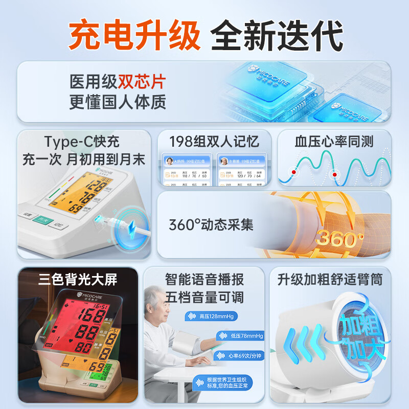 迈克凯尔【医院同款】臂筒式家用电子血压计测量仪器医用级高精准专6C102 顶配充电款【充电续航120天+插电两用+加粗臂筒】 1.2kg/台