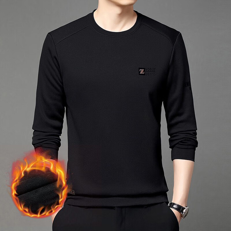 CronetKcnsy秋冬季男士圆领长袖t恤卫衣新款加绒加厚保暖内衣单件上衣打底衫 卡其-加绒 L 【建议115-130斤】