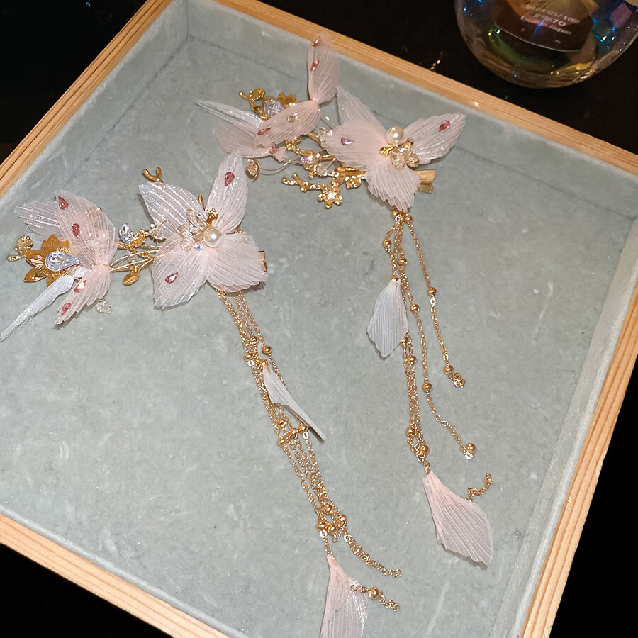 镶钻布艺珍珠花朵花瓣流苏发夹超仙甜美气质鸭嘴夹碎发侧边刘海夹