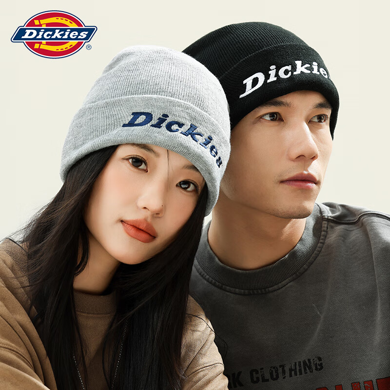 Dickies品牌保暖针织帽子秋冬季男士毛线帽女滑雪冷帽骑行防风防寒护耳帽 灰色男女情侣款【加绒款】 58CM（均码）