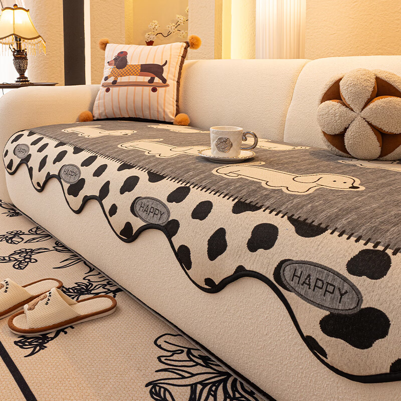 无印良品雪尼尔沙发垫四季通用2025新款卡通固定防滑防猫抓异形沙发座垫子 萌动-椰灰牛奶 【耐抓不起球 加密硅胶底防滑】 90*90cm （加大加宽扶手/靠背）