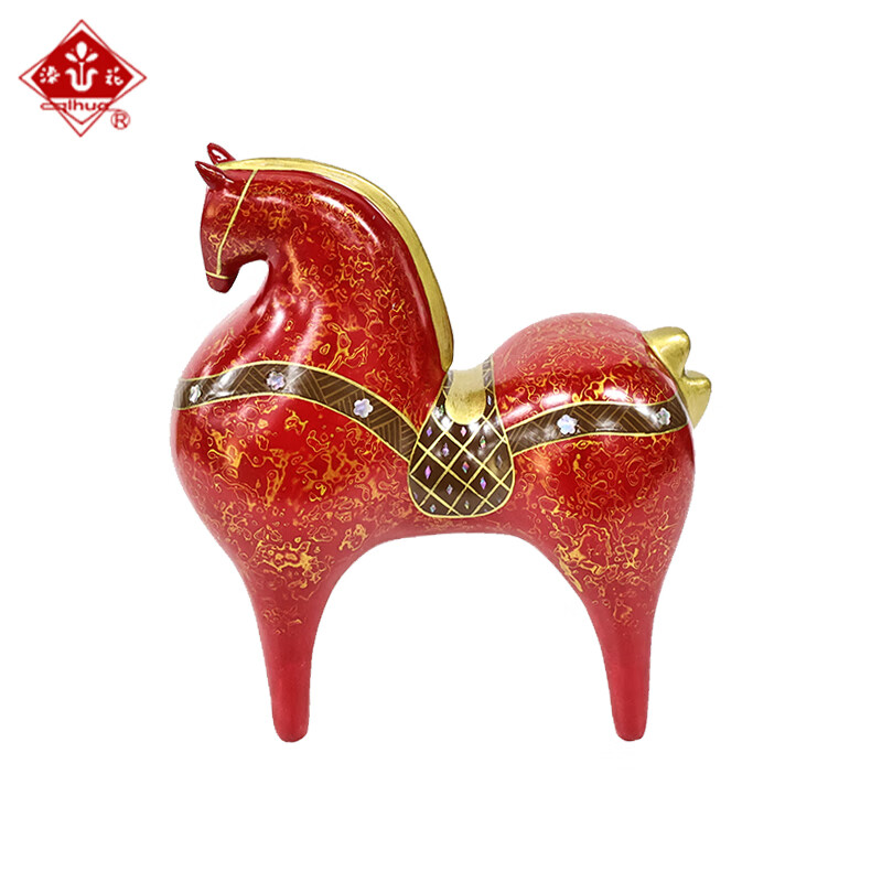 漆花（qihua）揚(yáng)州漆器廠犀皮漆馬到成功家居玄關(guān)辦公桌擺件 唐馬擺件紅色