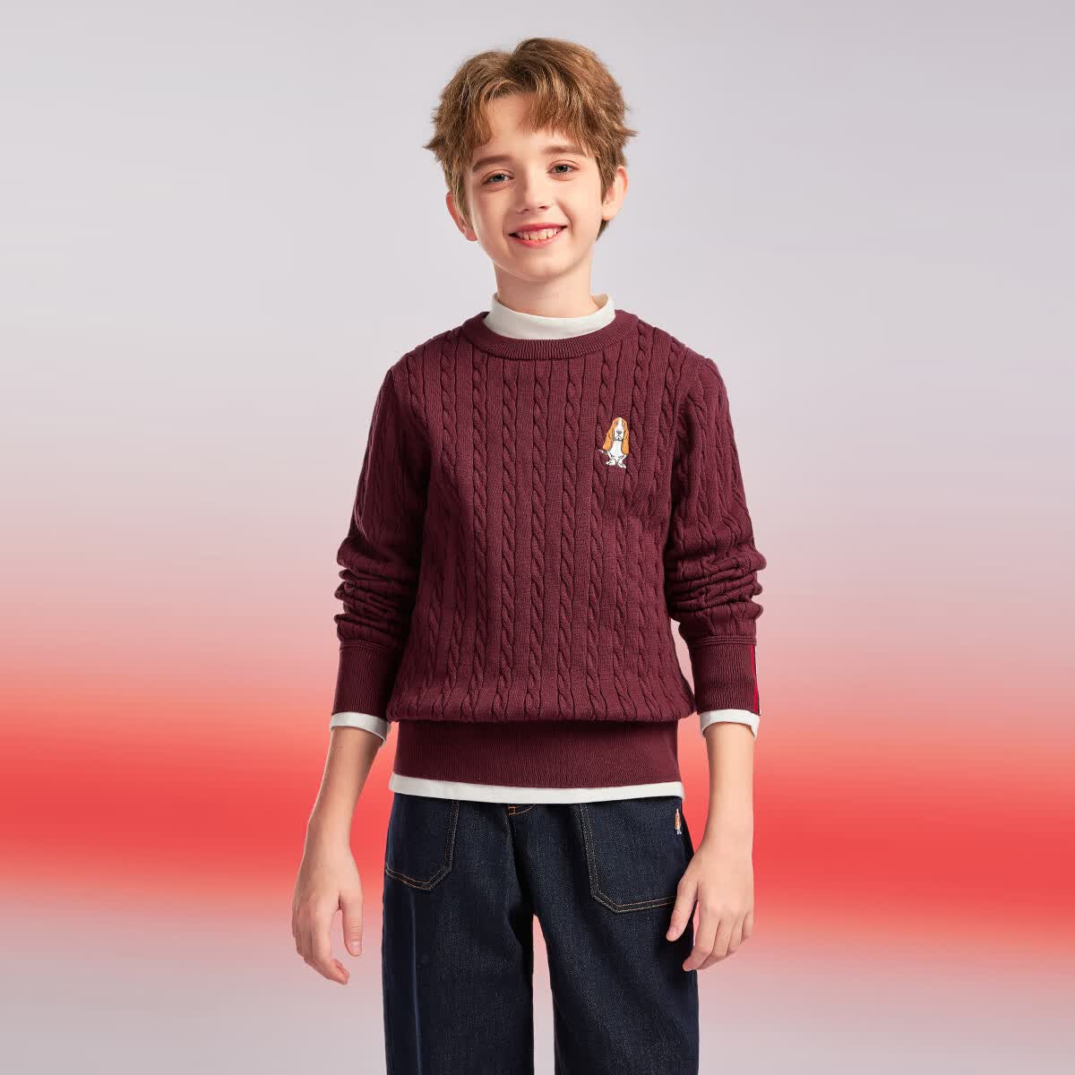 暇步士（Hush Puppies）【青少款】童装儿童男女大童秋季款简约经典肌理绞花舒适线衣 波尔多红 130 cm