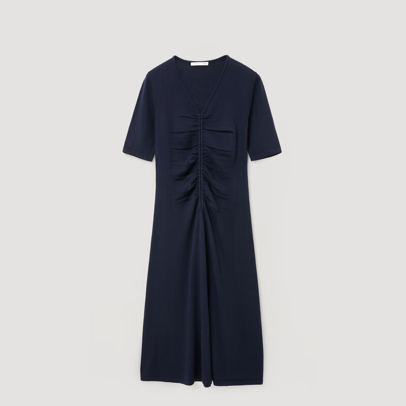 OVV【孙俪同款】2024秋冬新款女装丝毛混纺V领短袖连衣裙 藏青 M