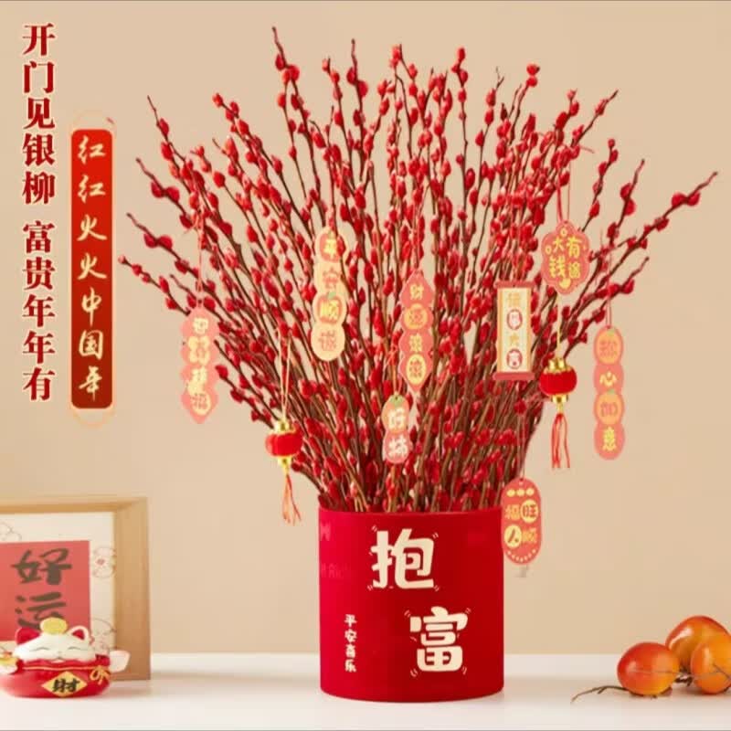 中梦银柳鲜枝真花红色干花花束室内客厅摆件年宵花卉招财水培绿植装饰 银柳60厘米左右40支+12#抱富福桶+卡片随机