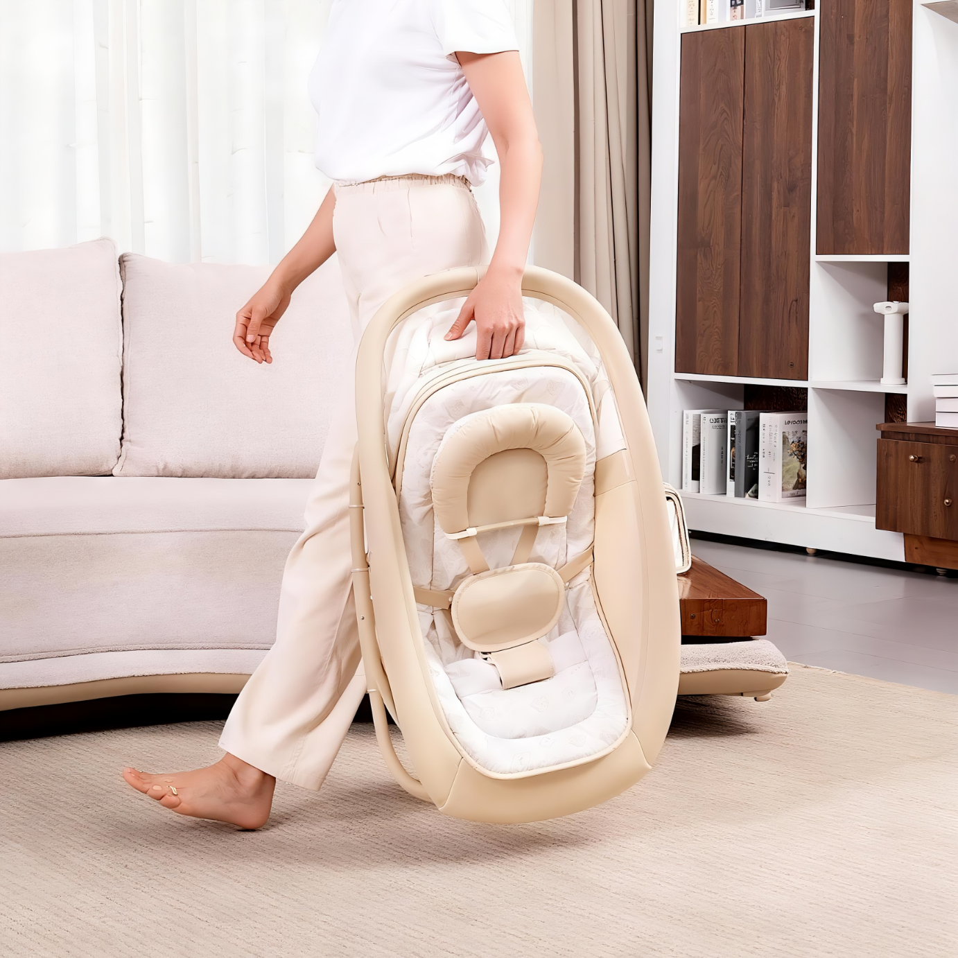 MASTELA哄娃神器新生儿婴儿电动摇摇椅婴幼儿安抚摇篮椅宝宝摇椅可躺可坐 四合一摇椅卡其色（带餐盘）