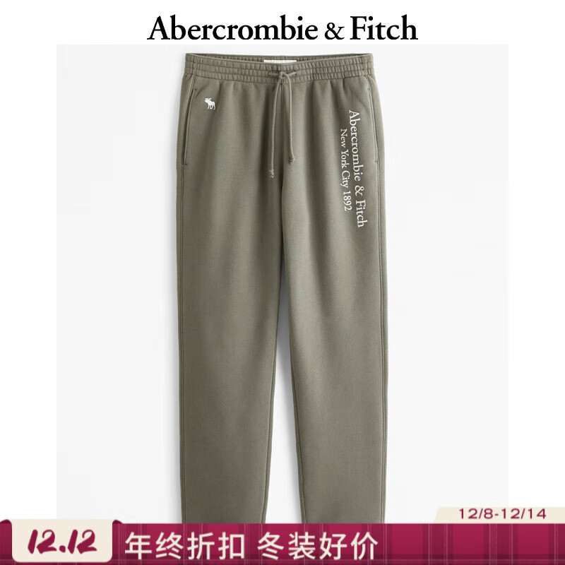 Abercrombie &amp; Fitch经典小麋鹿图案男装25秋美式LOGO抓绒松紧腰运动卫裤176-4040 灰绿色 M (180/80A)