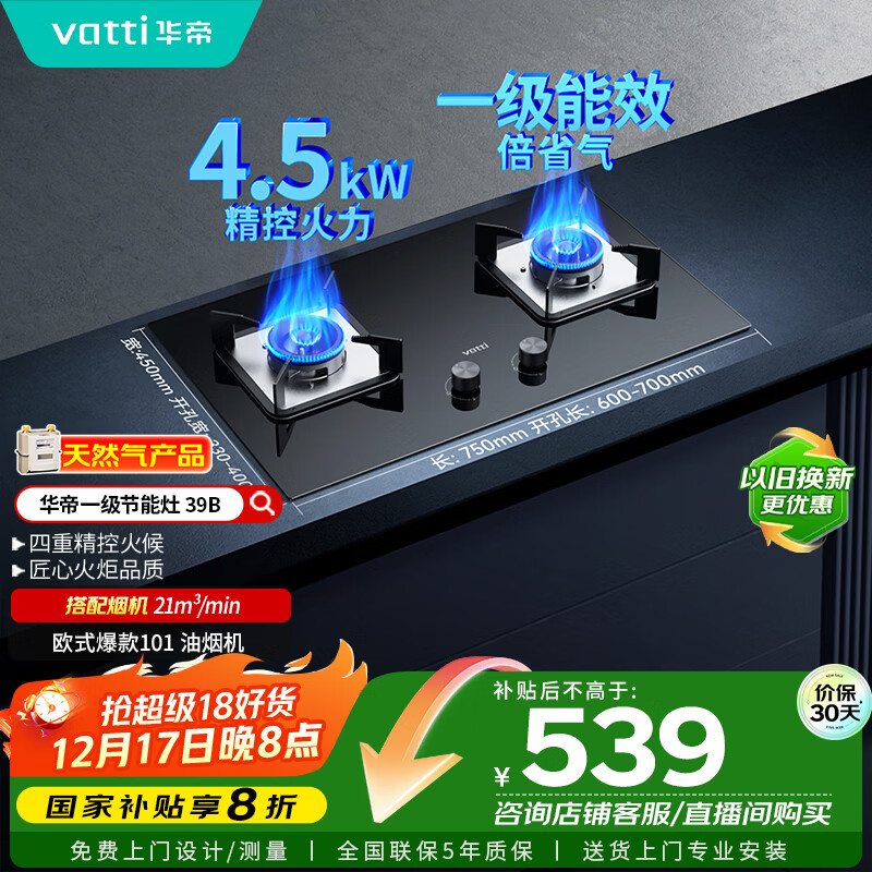 华帝（VATTI）国家补贴燃气灶天然气双灶家用台式嵌入式4.2kW钢化玻璃一级能效双灶台灶具i10039B【天然气产品】