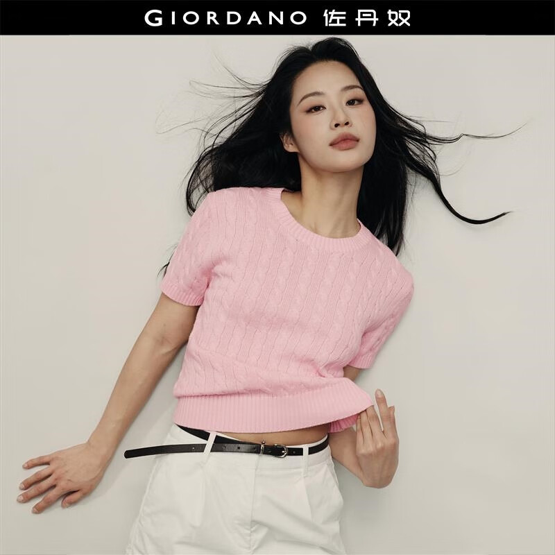 佐丹奴【韩国明星同款】女装纯棉绞花圆领短款短袖针织衫05355316