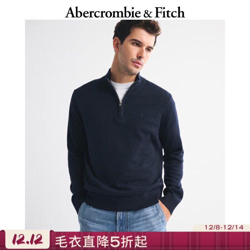 Abercrombie &amp; Fitch【半拉链立领】小麋鹿图案美式毛衣针织衫25秋冬男装120-5139 海军蓝 M (180/100A)