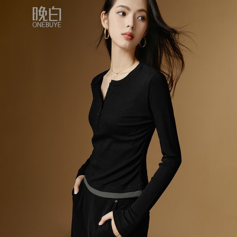 晚白【断码清仓】2026春款时尚气质假两件上衣修身显瘦打底衫女 黑色 S