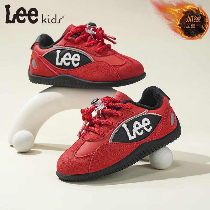 Lee童鞋冬季新款儿童跑步鞋学生休闲板鞋加绒运动鞋男女童 红色 36 【建议脚长221mm】