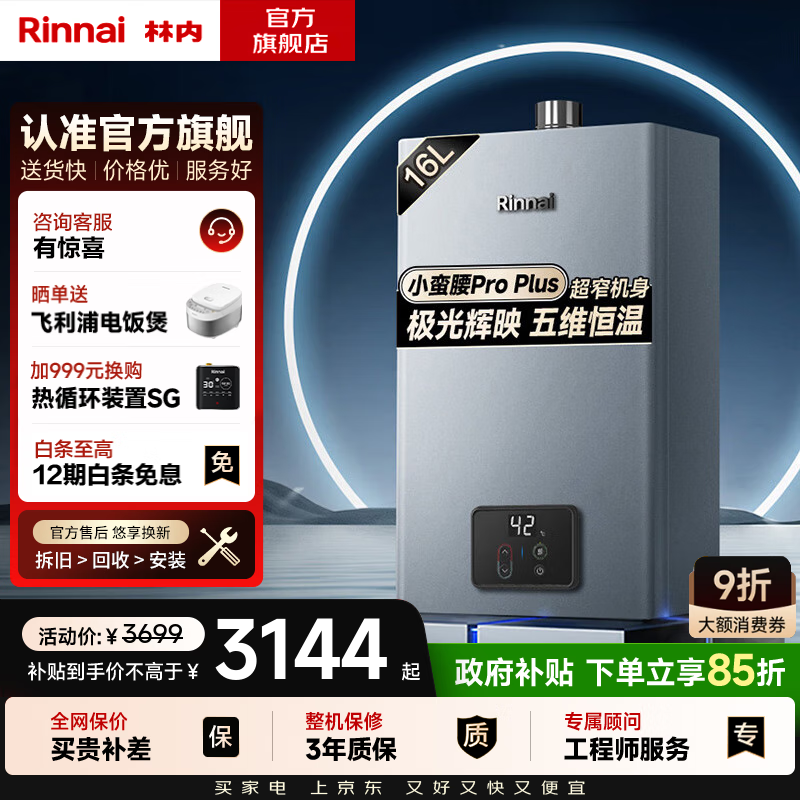 林内（Rinnai）【小蛮腰Pro plus】燃气热水器天然气16升 家用彩钢面板超薄芯 16GD33 16L 小蛮腰Pro plus 升级五维恒温