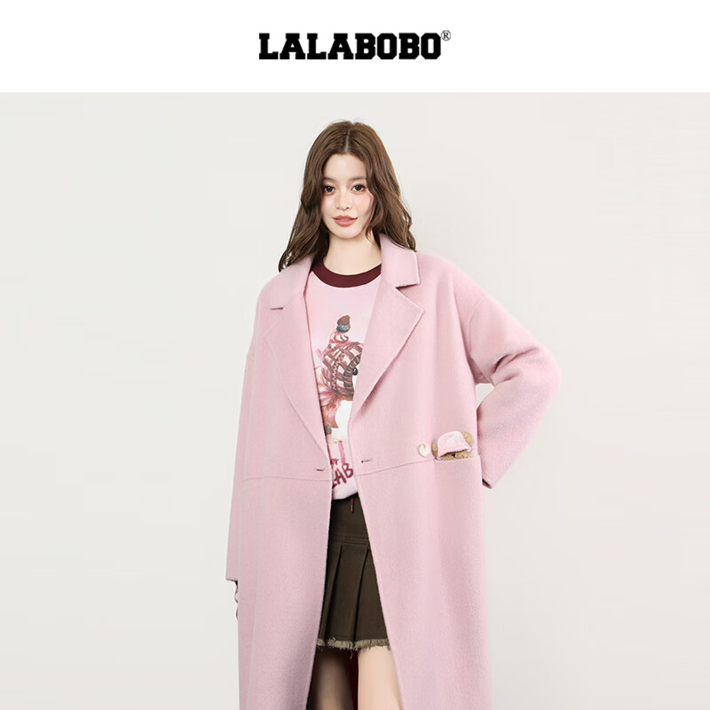 LALABOBO【商场同款】中长款呢子大衣25年秋新原创高级巨好看经典女装外套 粉色 S