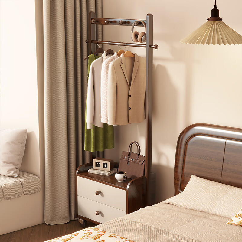 美竹乐实木床头柜衣帽架一体家用室内卧室挂衣架置物架落地衣架收纳抽屉 【实木中号】胡桃色+洛克灰两抽落地款