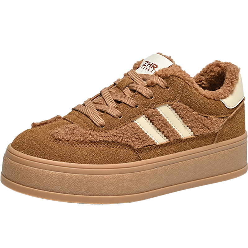 ZHR德训鞋女增高棕色厚底板鞋女拼色软底复古休闲鞋女 KS283B驼色37