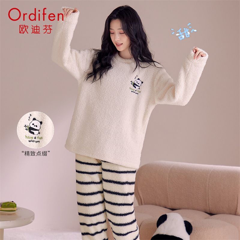欧迪芬女士睡衣女半边绒暖呼呼卡通熊猫家居服秋冬可外穿套装 【半边绒萌宠熊猫印花-杏色】 XL 【建议身高165-170cm】