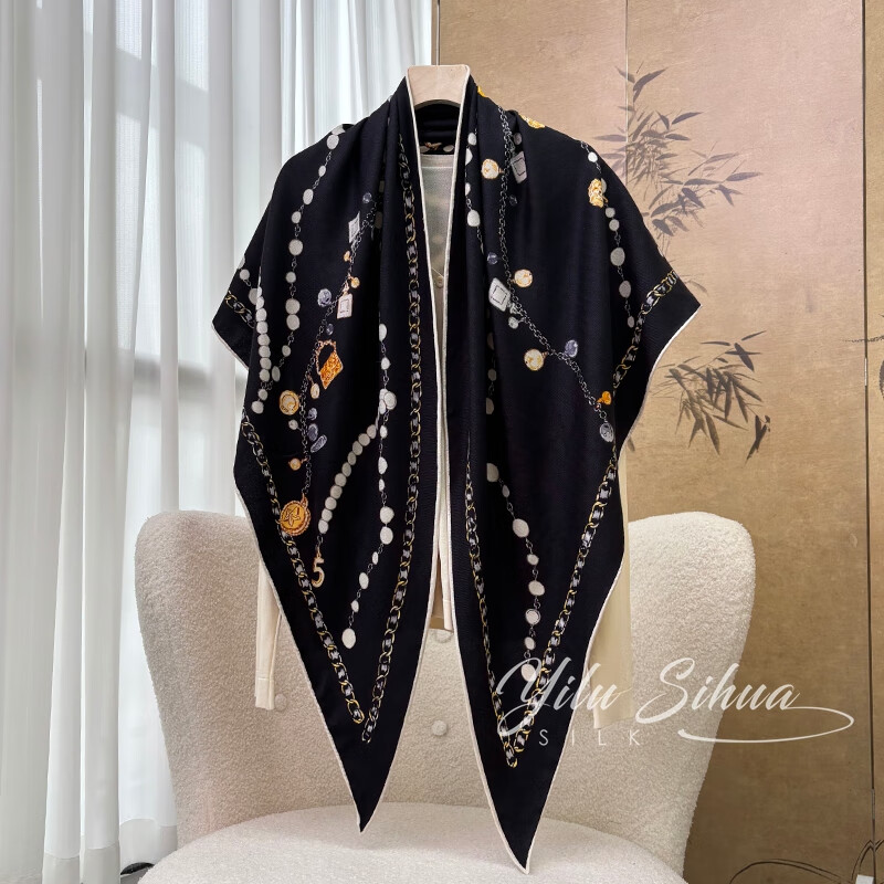 BGUG【珠宝魅力】重磅真丝绵羊毛围巾披肩知性优雅加长三角巾时尚百搭 黑色珠宝星链【礼盒精装】