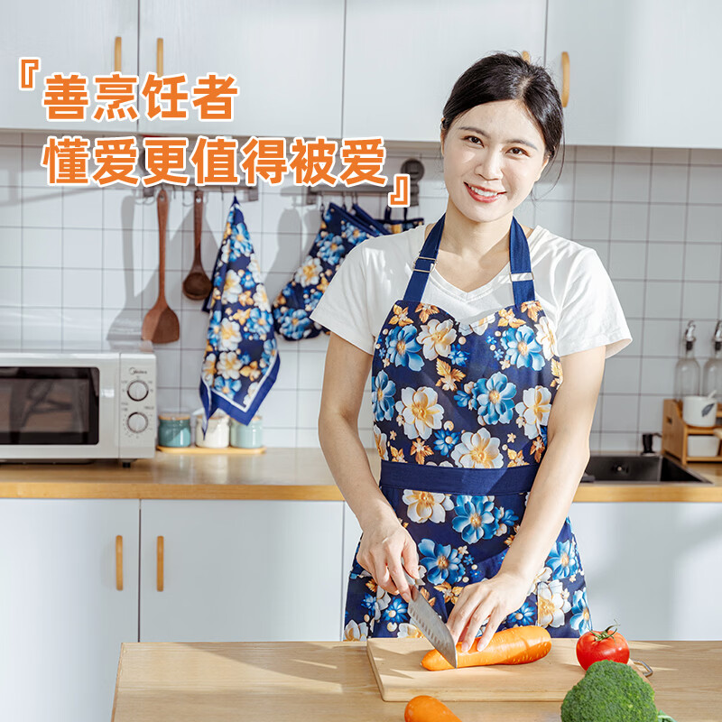尚悦靓纯棉围裙新款立体花国风家用厨房成人时尚挂脖围裙男女通用围腰 纯棉立体花百褶裙摆围裙