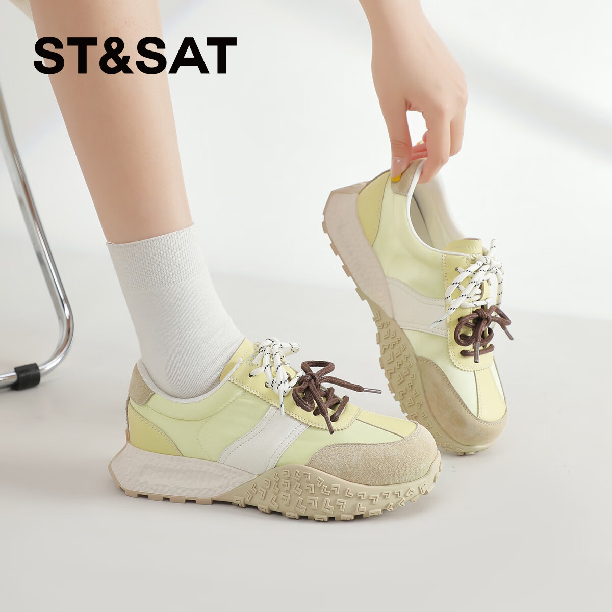 星期六（St&Sat）2026春季新款芭蕾德训鞋女鞋厚底百搭休闲鞋运动鞋双鞋带阿甘鞋女 黄色 38
