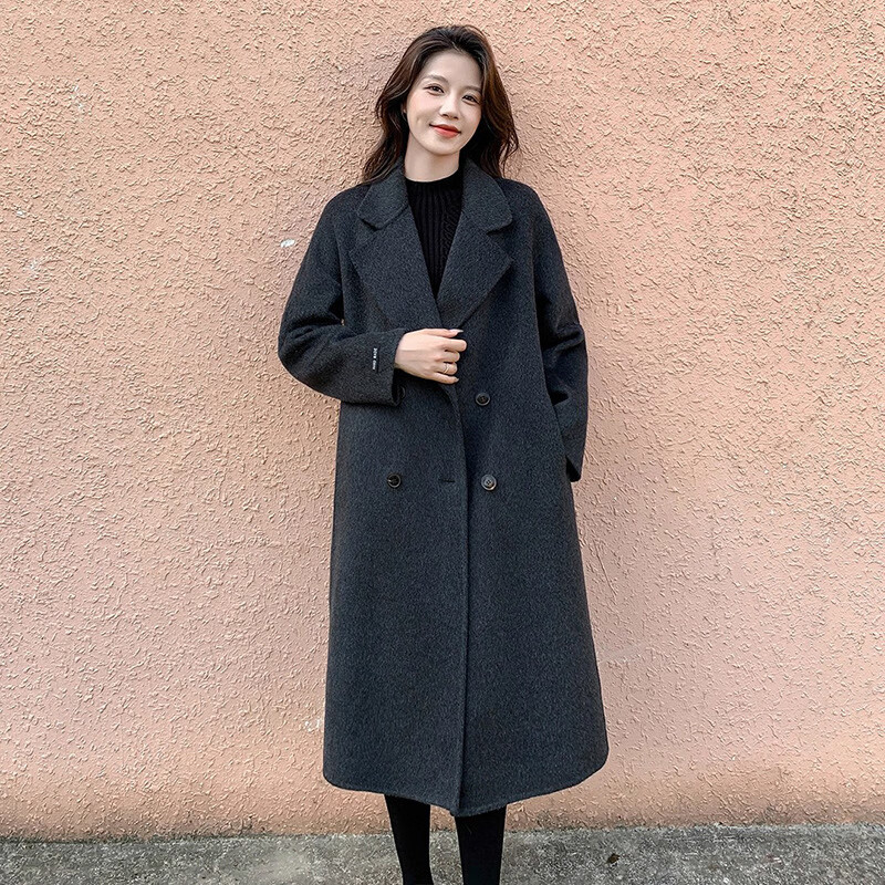 LISCN双面绒羊毛大衣女中长款秋冬新款宽松气质慵懒风毛呢外套女高级感 灰色 S