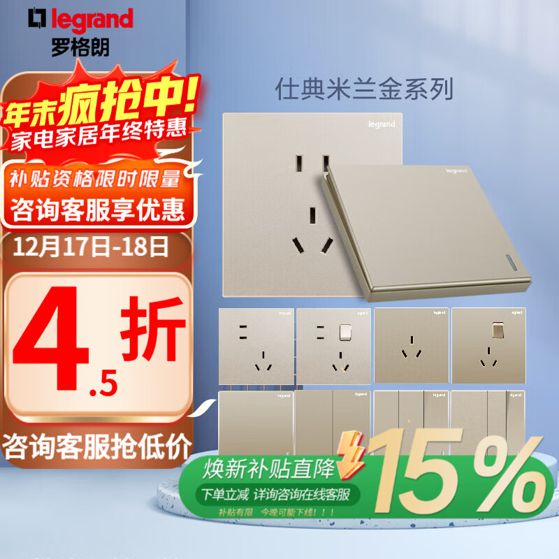 罗格朗 开关插座面板仕典米兰金家用86型五孔带USB墙壁电源暗装多孔插座 仕典米兰金斜五孔10只装 插座 【开关插座清单报价】 京东折扣/优惠券