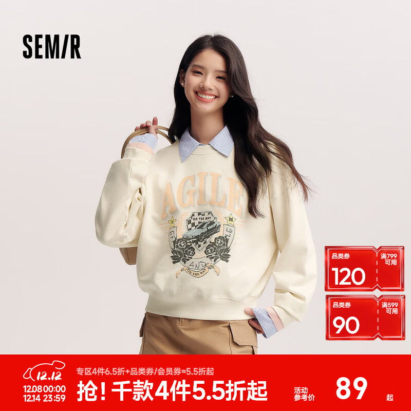 森马（Semir）卫衣女春季宽松落肩图案印花套头衫潮酷时尚小众复古街头上衣 奶白10501 L 165/88A