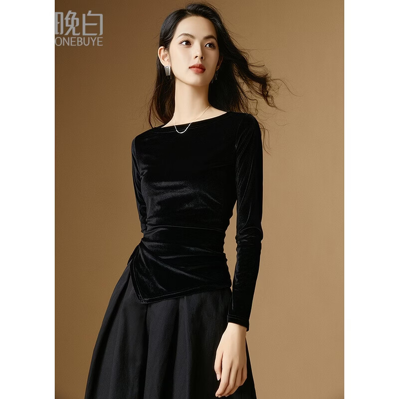 晚白【新品】一字领丝绒打底衫女2026春款时尚气质百搭显瘦可外穿上衣 黑色 XL