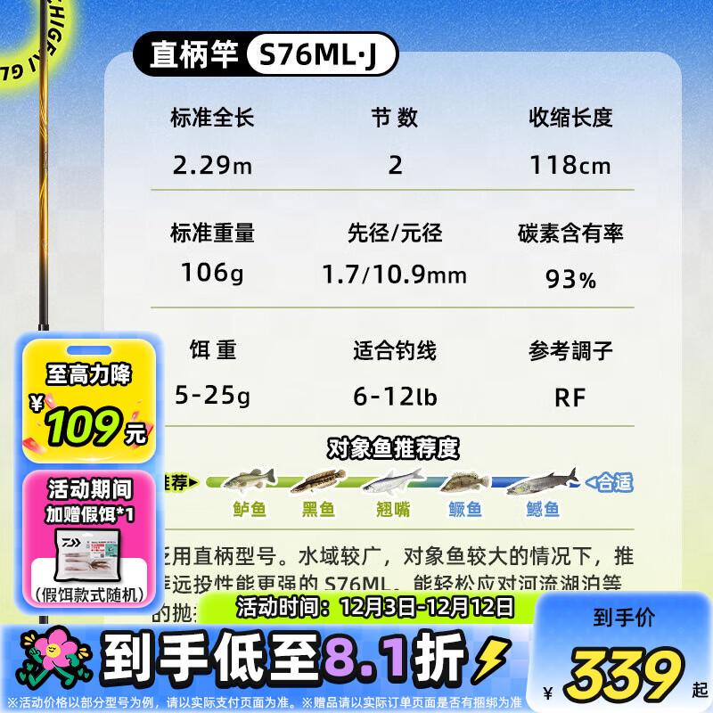 ߣDAIWA һGL·Ǹ ΢ǿȫͨýԶͶ̼ 2.29m 2-S76ML2ֱ ֧ʹ/ú˻