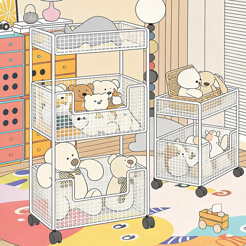 尔思家小推车置物架网易严选儿童玩具收纳架多层可移动毛绒玩具收纳神器 【精明宝妈之选】三层白色-万向轮款