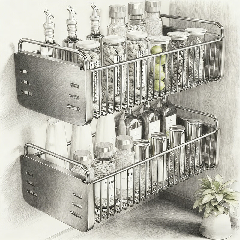 尔思家厨房调料置物架壁挂式调味品收纳架子多功能免打孔墙上挂篮调料 枪灰色单层大号-35cm标准款
