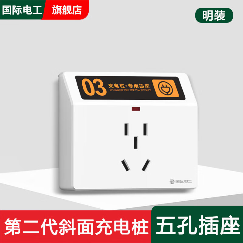 国际电工86型电动车充电桩充电站户外专用防水防雨充电插座明暗装五孔十孔 【斜面明装】五孔带灯-可贴编号