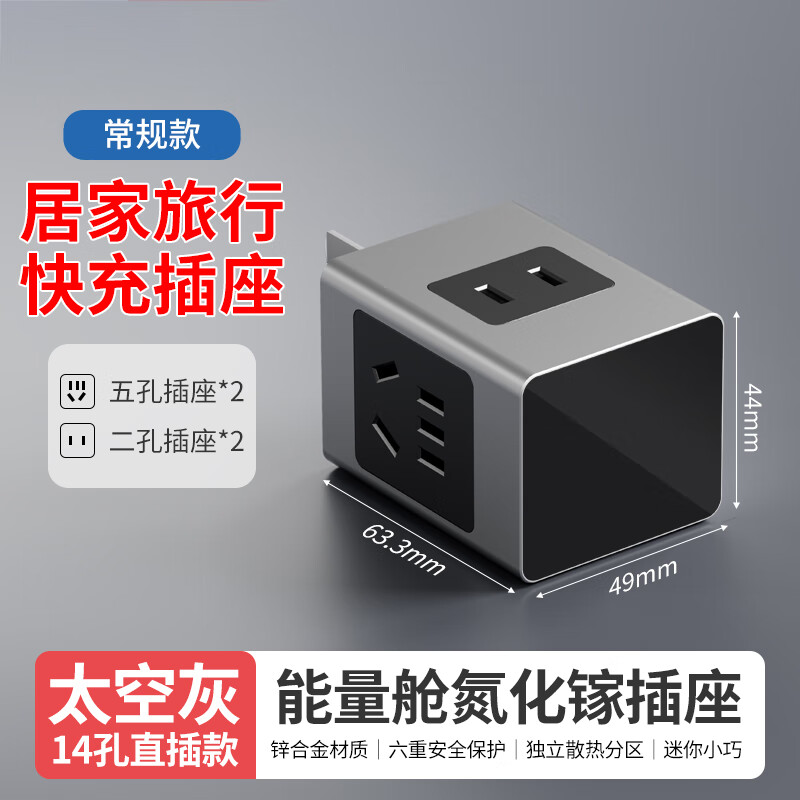 国际电工（FDD）旅行便携能量舱氮化镓65W快充插座多功能USB迷你桌面插排带线插头 直插款-14孔插座 灰色