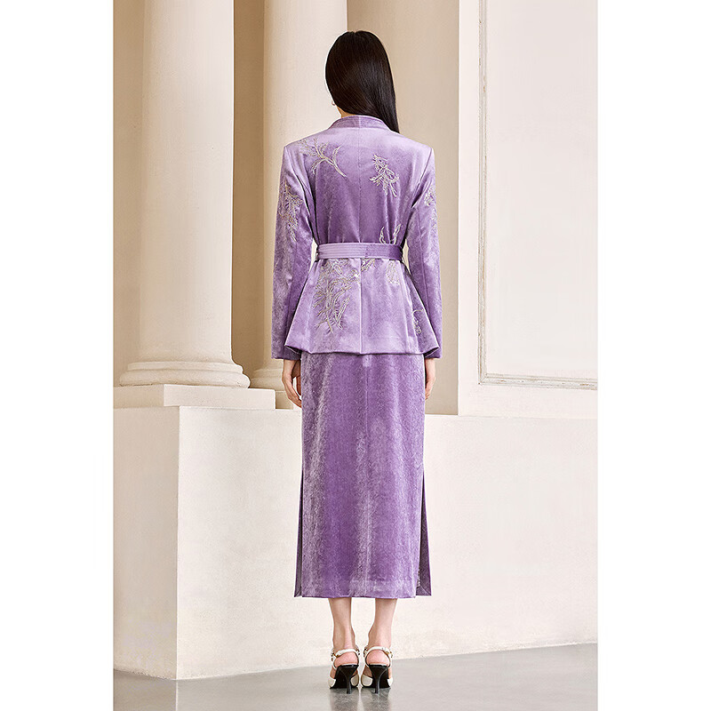 OBBLIGATO奥丽嘉朵2026早春新款刺绣高腰醋酸新中式丝绒半身裙 深紫单裙 S