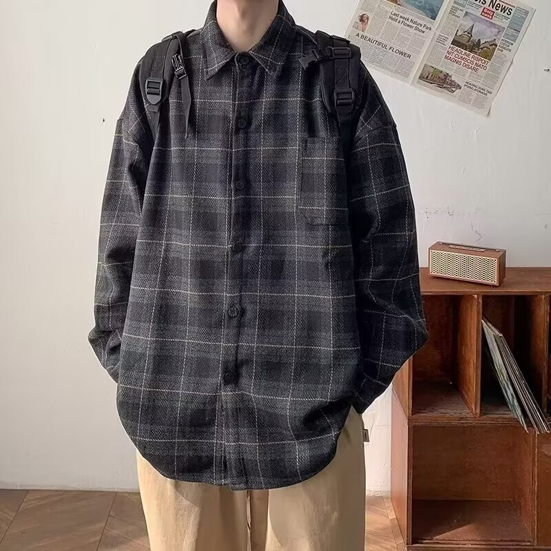潮衫酷日系潮流格子衬衫外套男春秋新款休闲宽松大码感百搭痞帅衬衣 深灰色 厚款 M (建议85-100斤)