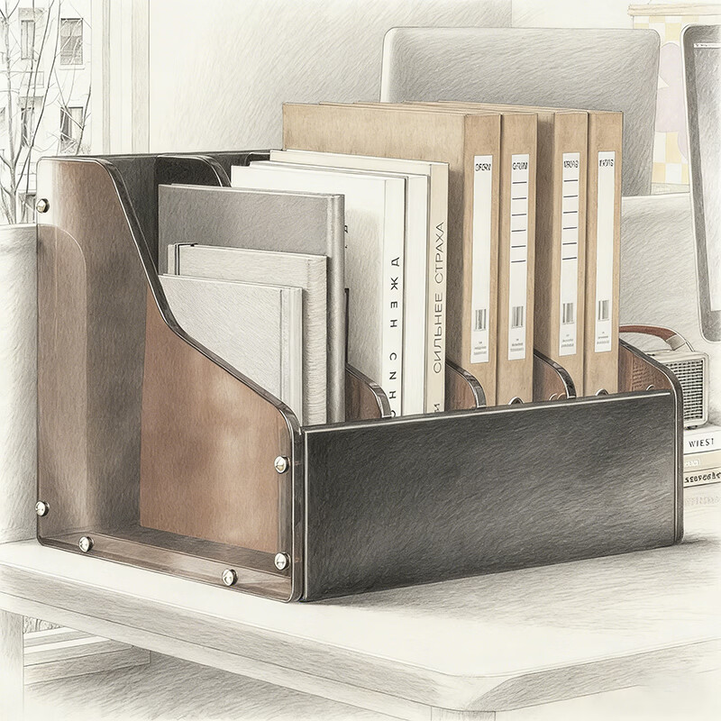 尔思家文件收纳架桌面书架办公桌置物架桌面立式放置架文件夹文件筐分格 黑色-红茶【四列】