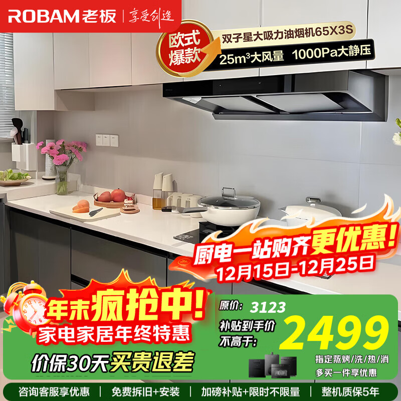 老板（Robam）【双子星65X3S】抽油烟机 欧式双腔变频烟机 25风量1000Pa强劲静压大吸力智控家用吸烟机 以旧换新 【国补立减20%】大吸力油烟机 变频智控