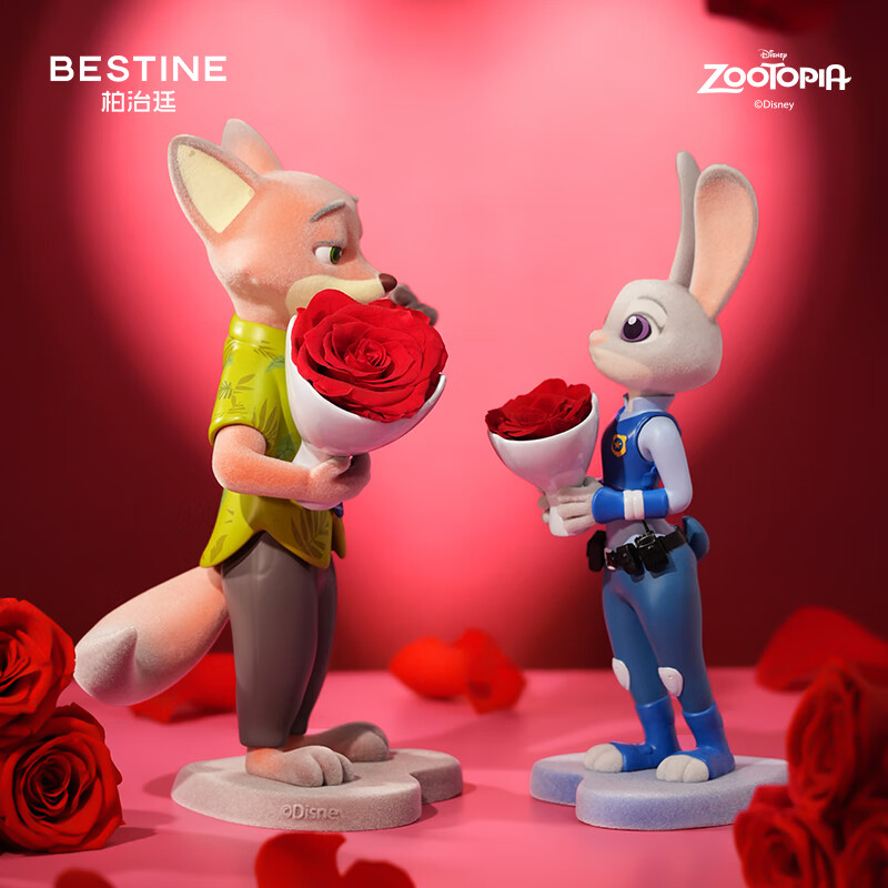 柏治廷迪士尼疯狂动物城朱迪尼克花束永生花摆件送女友生日礼物 朱迪尼克cp永生花告白花束