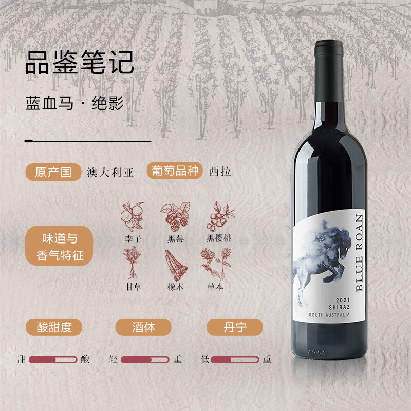 蓝血马澳洲原瓶原装进口红酒 西拉赤霞珠干红葡萄酒 绝影（西拉葡萄酒）瓶装750ml*2瓶