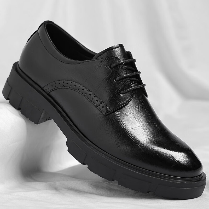 Walker Shop品牌皮鞋男款内增高男士皮鞋2026商务高端休闲真皮英伦正装鞋子男 黑色【隐形内增高8cm】 38