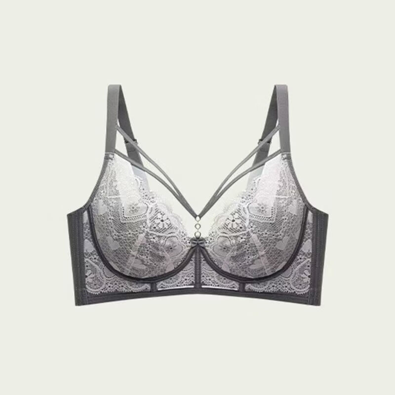 超薄文胸免耳杯大胸显小性感纯欲撞色蕾丝聚拢上托防下垂文胸内衣 米色+浅灰 （水晶蓝色） 95B 42/95B