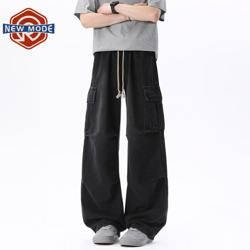 NEW OR MODE复古做旧工装牛仔裤男冬季新款美式加绒加厚保暖宽松休闲直筒长裤 黑色 XL 【建议125-145斤】