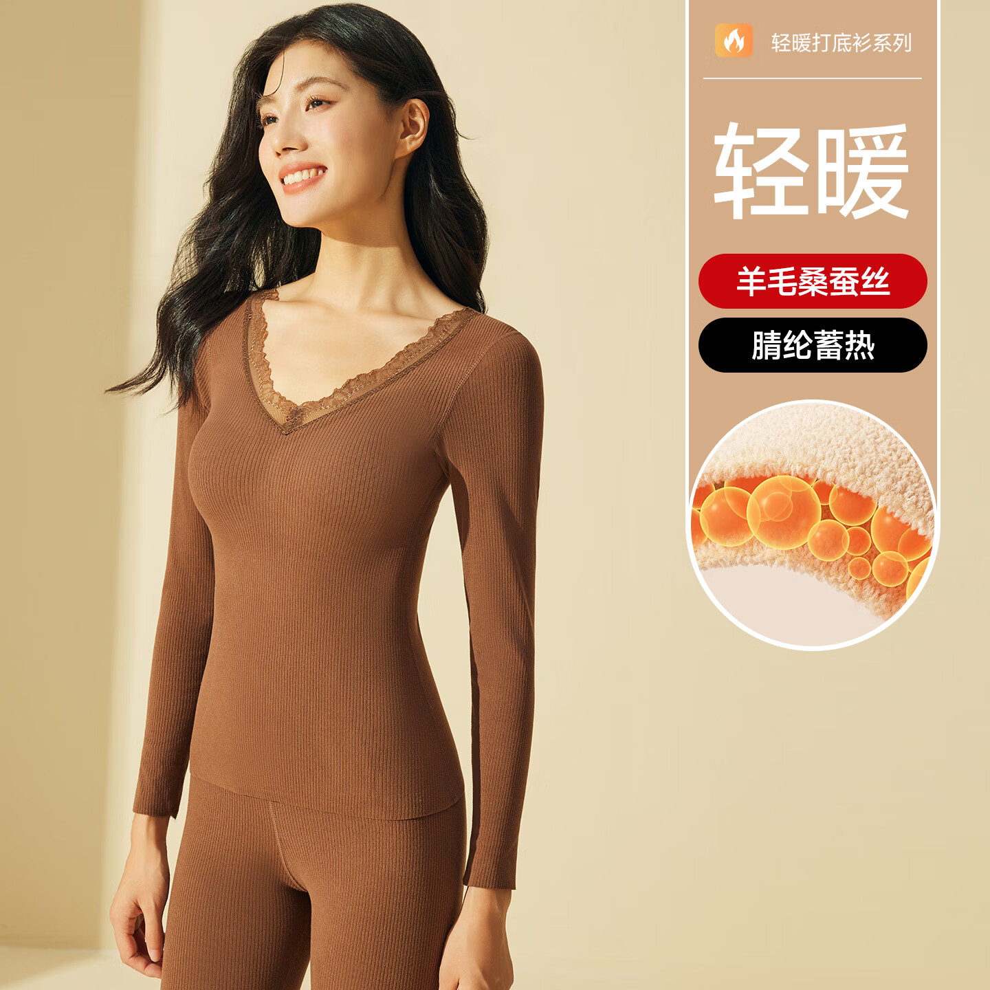 猫人保暖内衣女带胸垫秋衣秋裤套装羊毛蚕丝美体塑身无痕蕾丝打底衫冬 白色套装 M 【建议95-110斤】