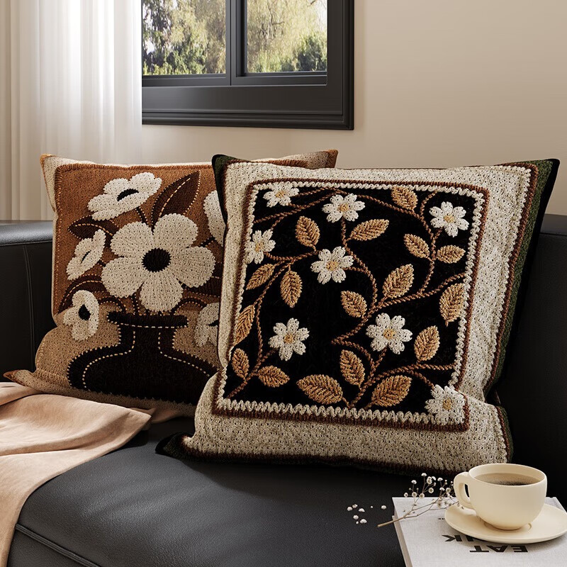 AILUKI日本沙发靠枕复古家用抱枕床头床上靠枕靠垫飘窗靠背含芯可拆洗 古韵花卉【亲肤柔软_双面印花】 45cm*45cm 含枕芯