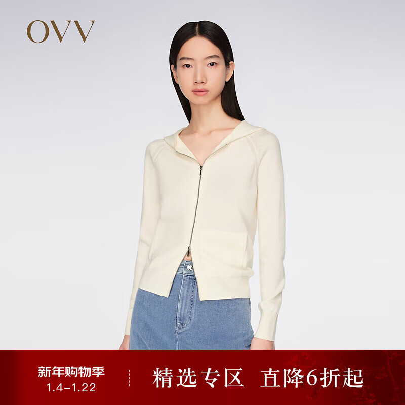 OVVOVV2024春夏新款女装休闲连帽针织开衫外套 米白(净色)02 M