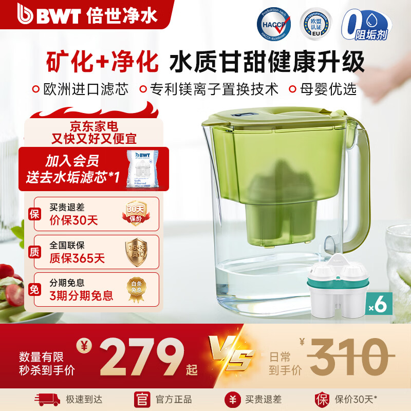 倍世（BWT） 甜镁 净水壶滤水净水器家用 欧洲进口滤芯去水垢增强55% 益家系列大容量过滤器 【锌加镁离子滤芯】1壶6芯 绿色
