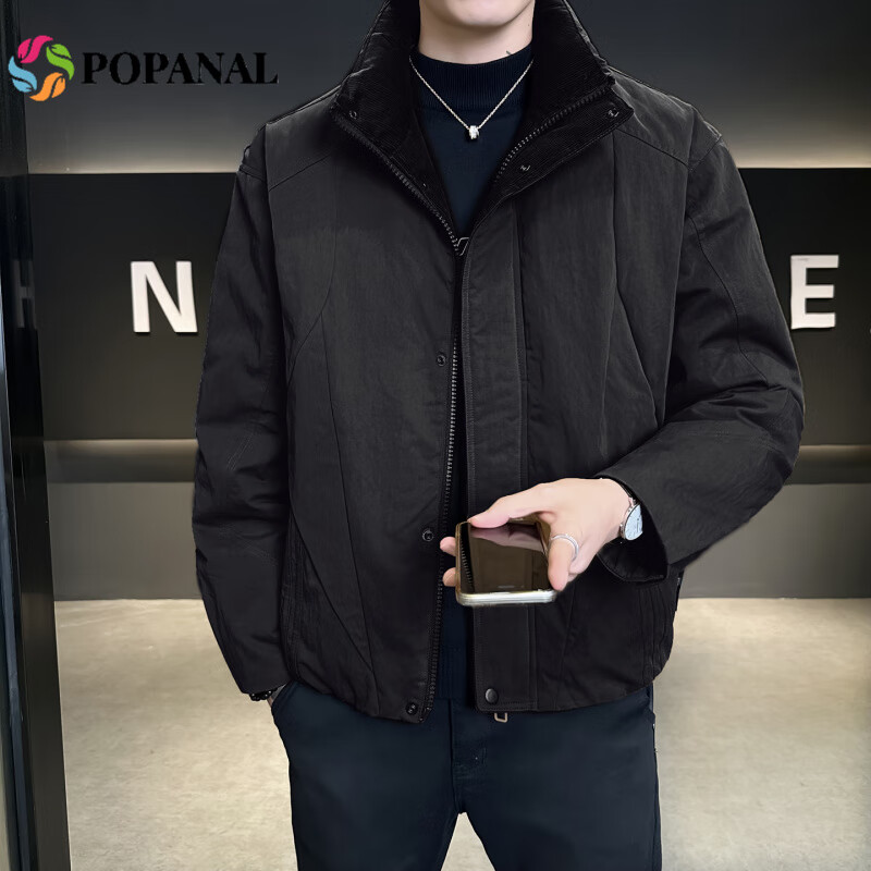 POPANAL香港潮牌2025冬季新款时尚工装设计感男士休闲拼色立领羽绒服外套 黑色 M