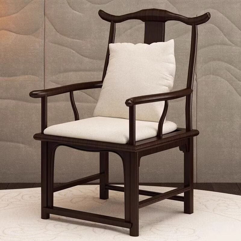 欣慕雅新中式靠背椅现代简约休闲椅商业办公洽谈椅子泡茶椅实木餐椅组合 官帽主椅 黑胡桃色（不含坐垫套）